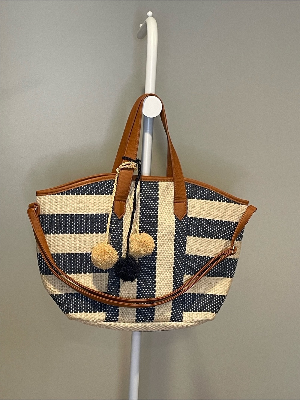 JustFab Navy & Tan Striped Woven Tote with Pom Pom Accents